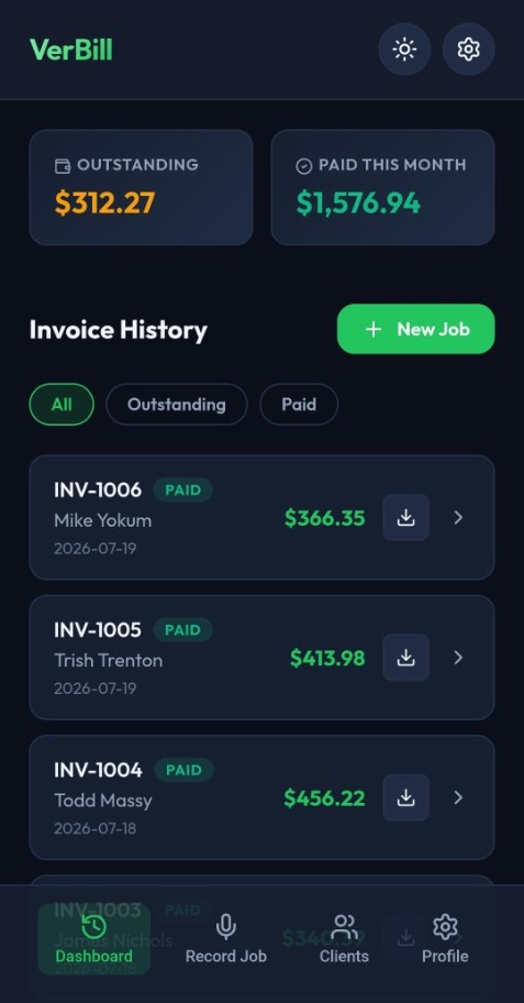 VerBill dashboard showing invoice history and payments